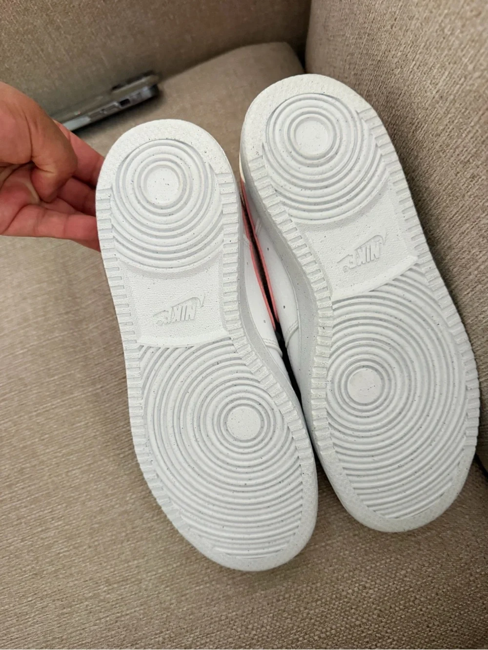 Nike White Sneakers with Light Pink Logo Tongue